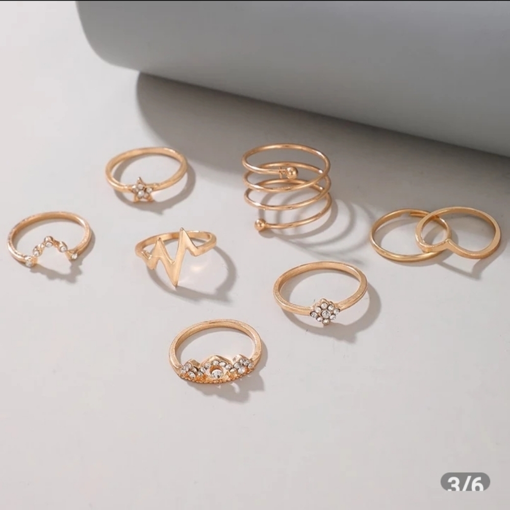 Gold Rhinestone Stacking‎ Midi Finger Multi Size 8pc Ring Set NEW - Picture 7 of 8